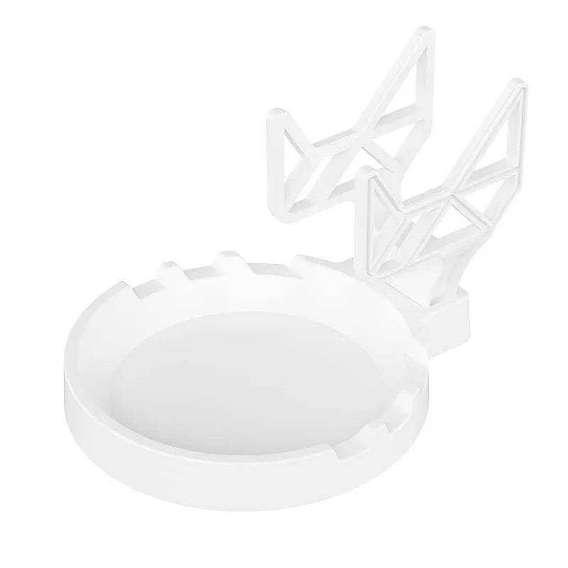 Black ABS plastic universal wall hanging rack for game controllers with adhesive pad and screws.