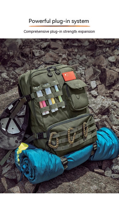 Army green tactical backpack with 17-inch frame and multiple compartments for outdoor use.