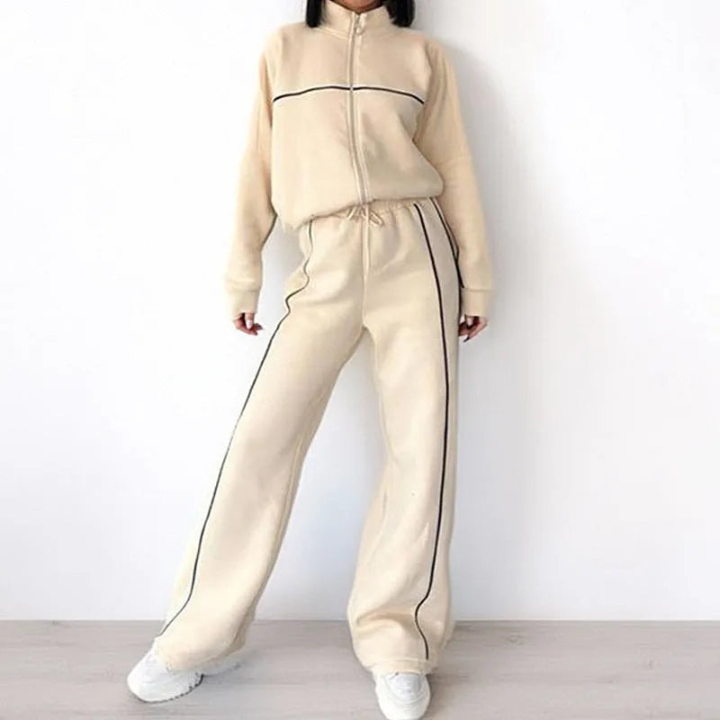 Women's casual suit with long sleeve mock neck hoodie and striped lace-up trousers in apricot colour