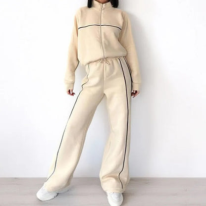 Women's casual suit with long sleeve mock neck hoodie and striped lace-up trousers in apricot colour