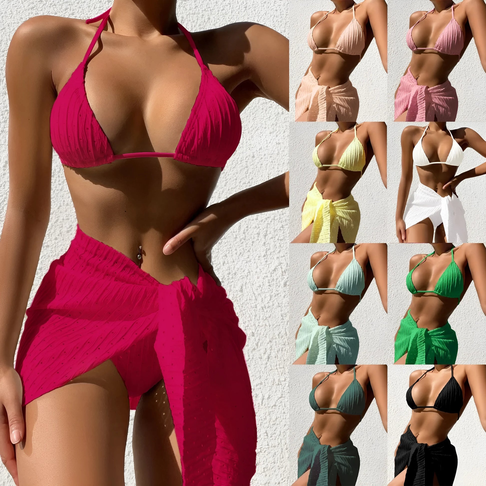 Women's solid colour halterneck bikini set with a backless top and a matching mesh skirt.