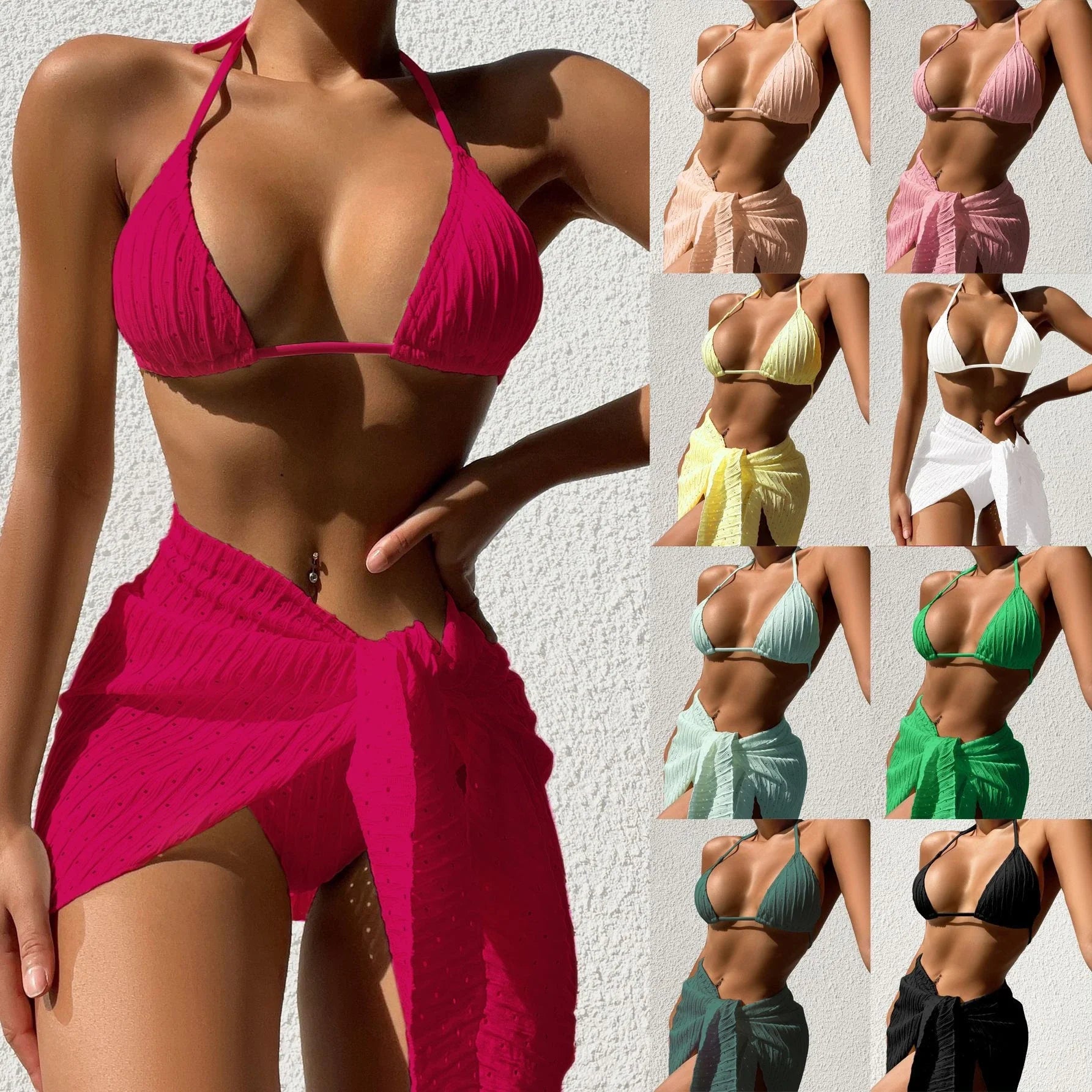 Trendy halter neck swimsuit set with mesh skirt in various vibrant colors