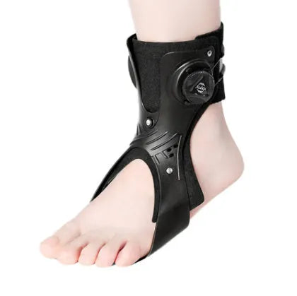 Grey and black ankle support brace with airbag button fixation system shown in multiple sizes