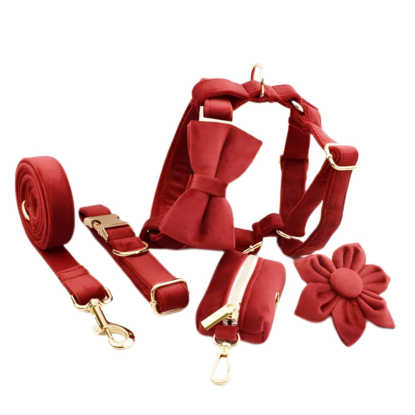 Cloth dog collar set with matching leash, bow tie, vest, and poop bag accessories