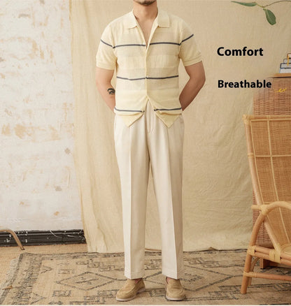 Camel coloured short sleeve lapel cardigan made from a thin linen and cotton knitted fabric.