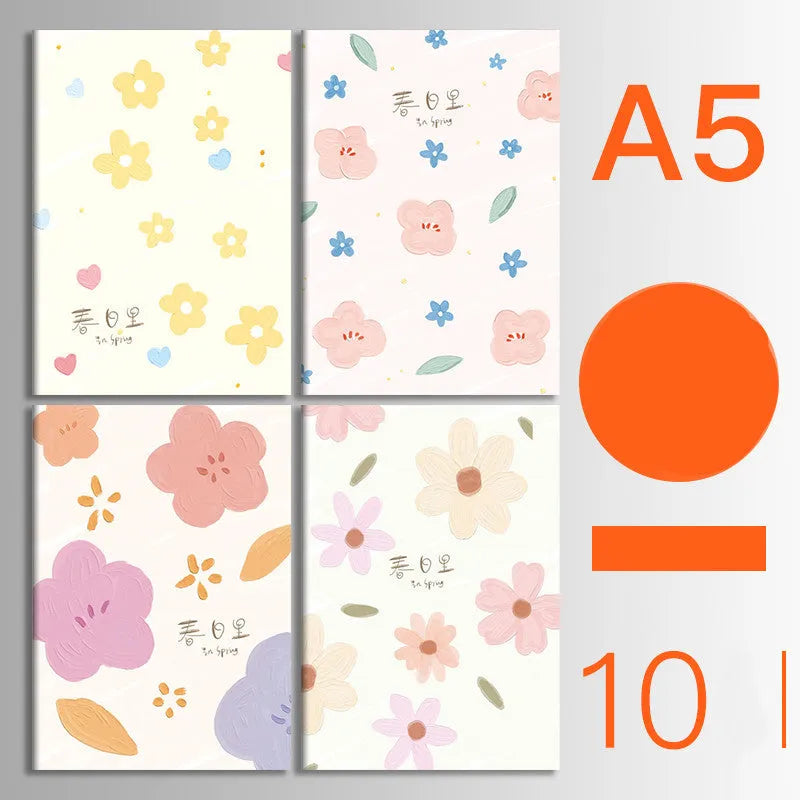 Pack of ten A5 kraft paper thread-bound notebooks with artistic cover designs lying flat.