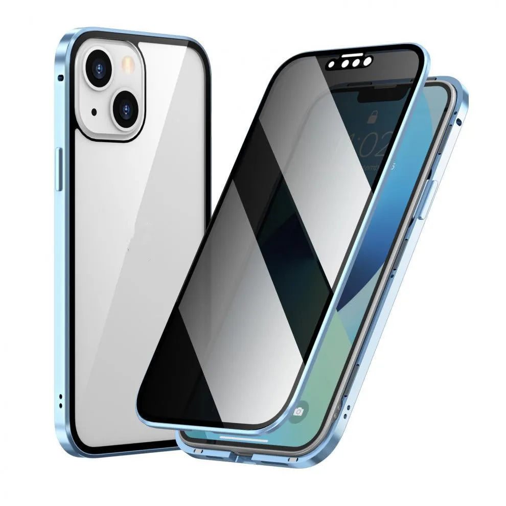 Black magnetic metal iPhone case with a privacy screen protector, shown on an iPhone 15 Pro.