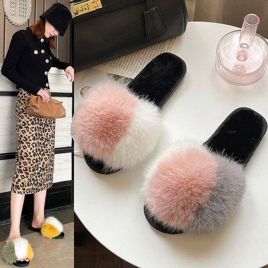 Cosy indoor furry slippers for British women, featuring plush lining, open-toe design, and trendy tassels in a range of classic UK colours.