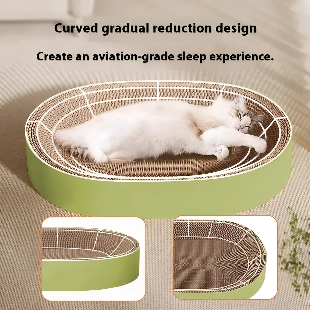 Green oval corrugated paper cat scratch board and nest bed measuring 55cm diameter