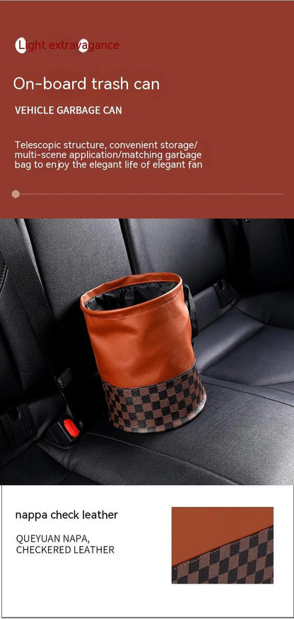 Retractable leather car trash can with handle shown in folded and expanded positions