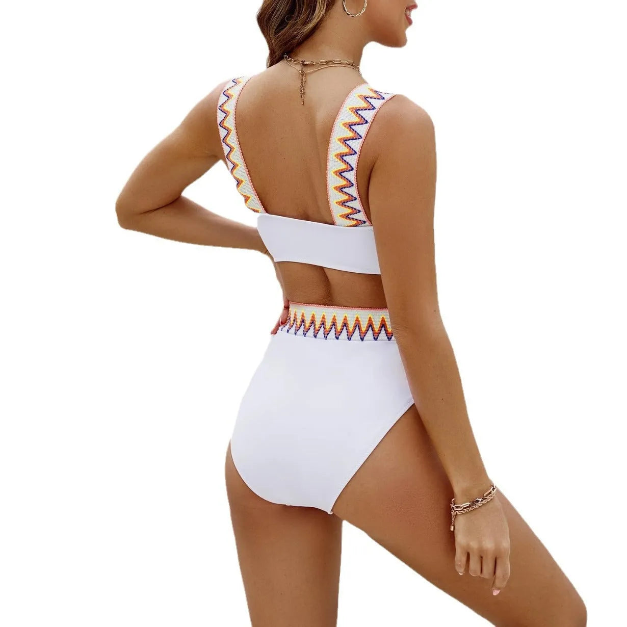 Black and white women's lace-up split bikini with high-waisted briefs and polyester lining
