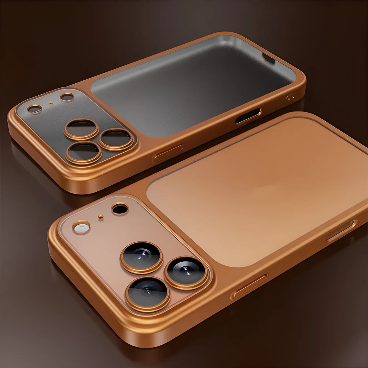 Frosted electroplating PC phone case for iPhone 17 in orange, showing all-inclusive drop-resistant design.