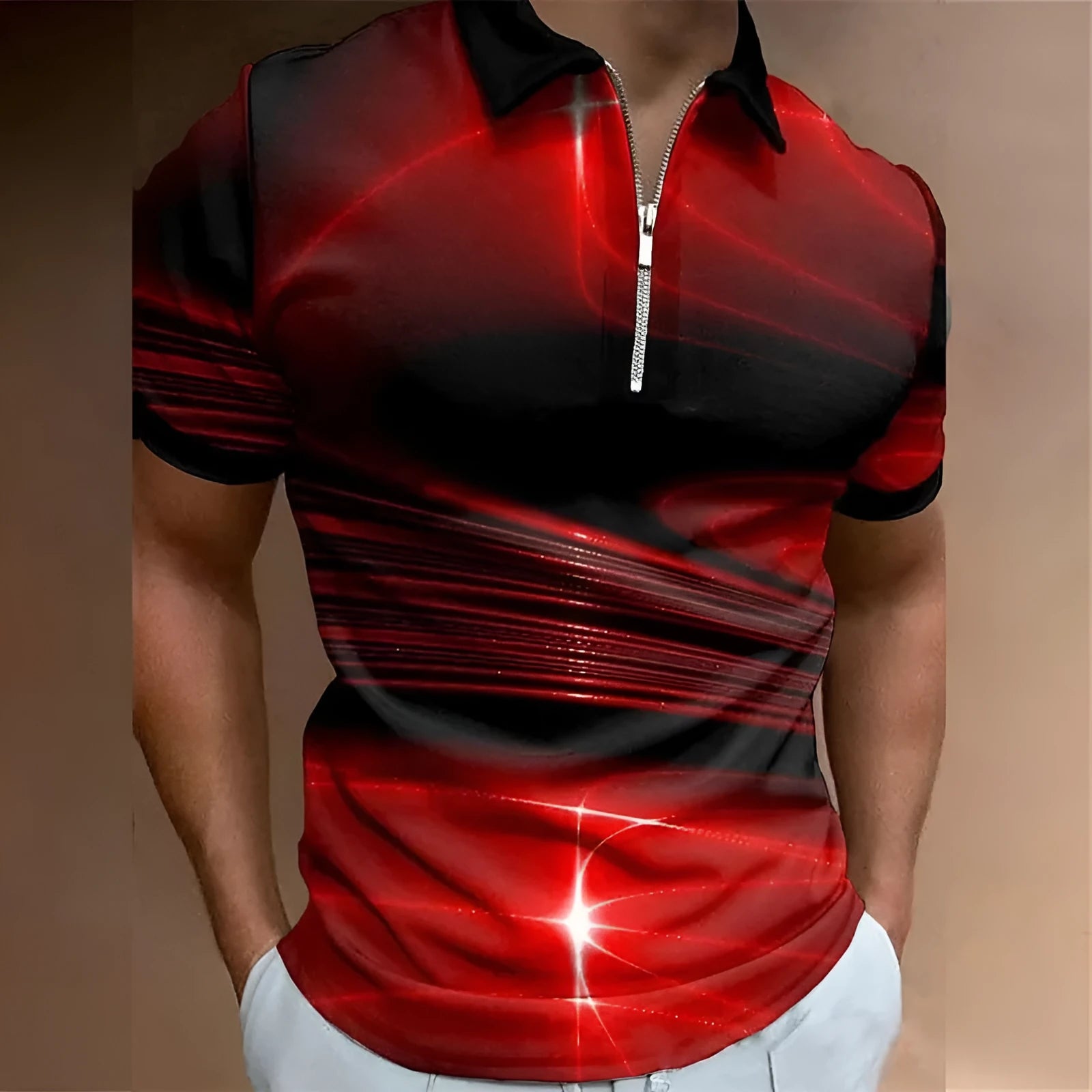 Men's blue short sleeve zip polo shirt with a loose fit, made from polyester bird eye cloth.