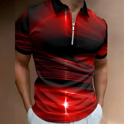 Men's blue short sleeve zip polo shirt with a loose fit, made from polyester bird eye cloth.