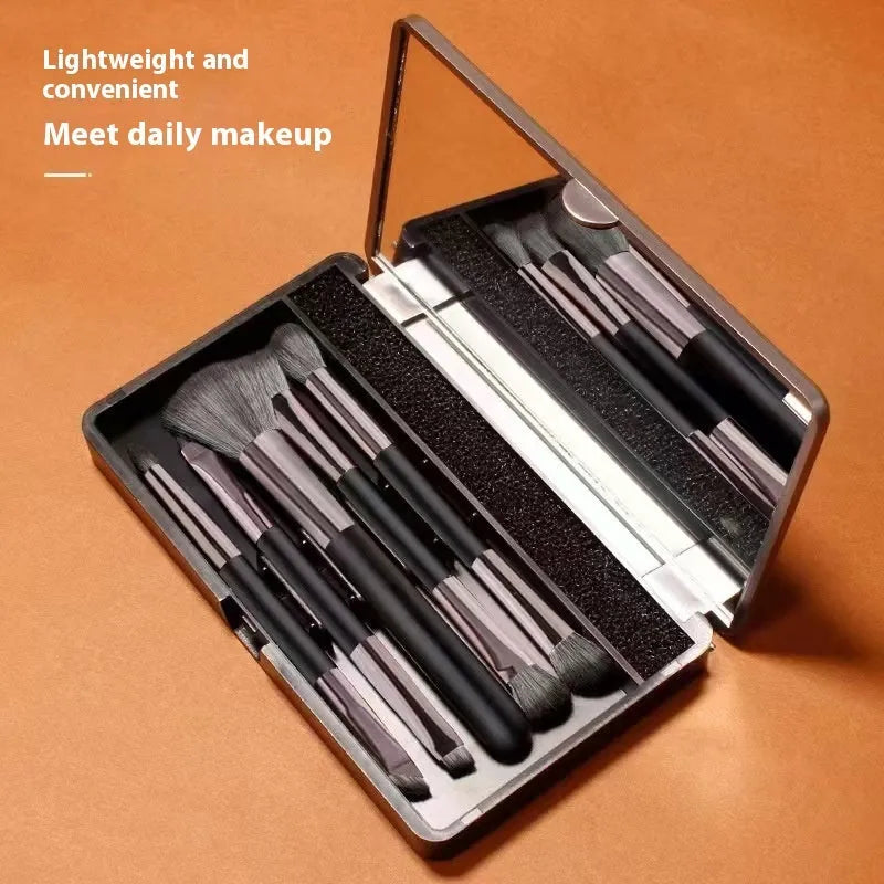 Makeup brush set with mirror, portable multifunctional makeup brush suit containing artificial fibre brush hairs and plastic handles in silver or gold colour options
