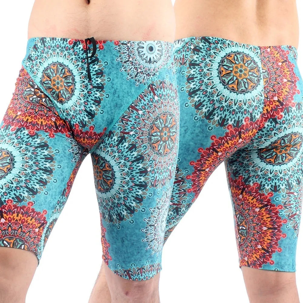 Men's green and navy blue quick-dry swimming trunks with loose fit and anti-embarrassment design