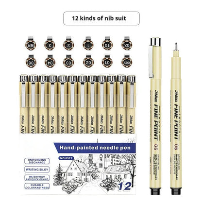 Waterproof black ink needle pen with cartoon syringe drawing on its 133mm plastic body.