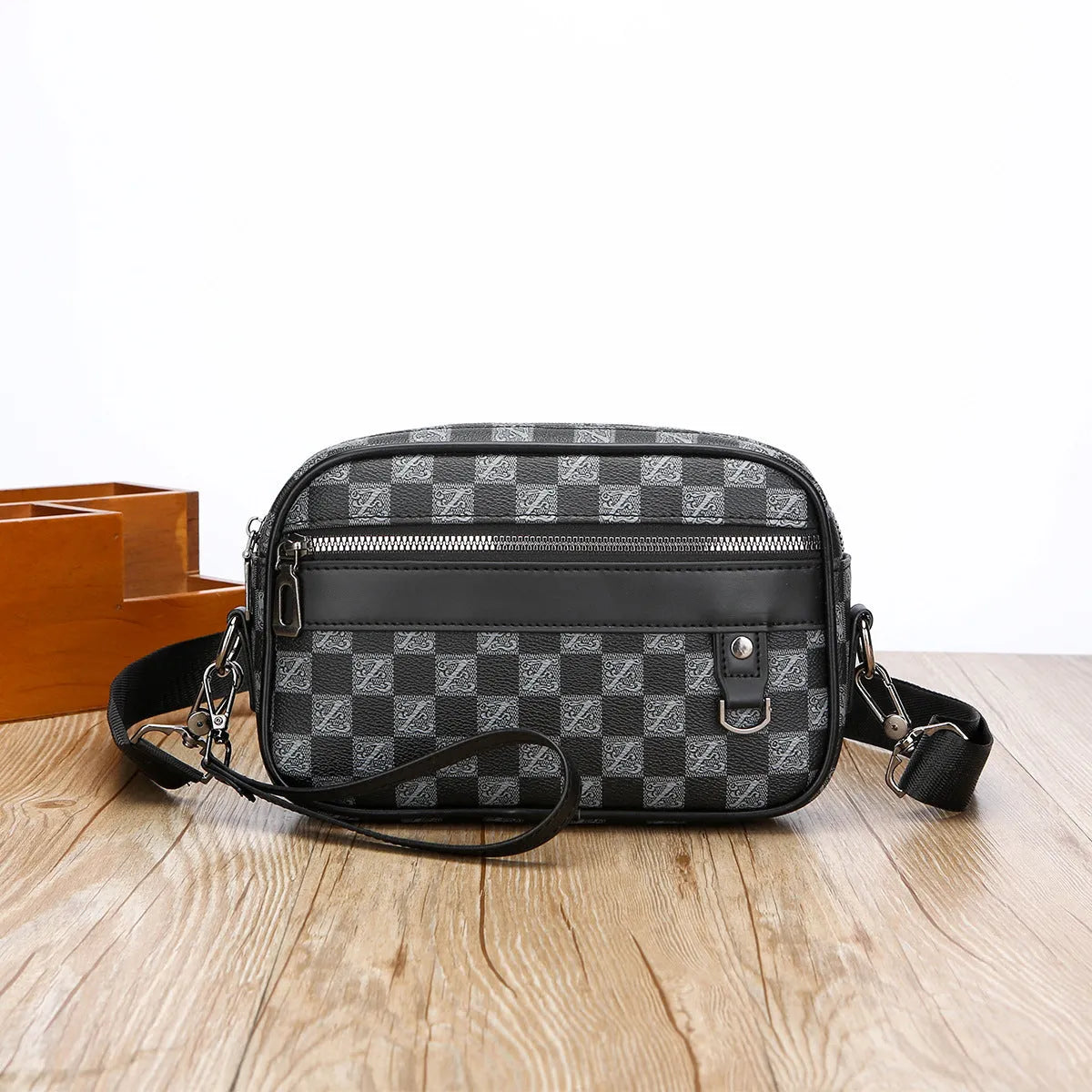 Men's casual geometric pattern messenger bag in PU leather with large capacity.