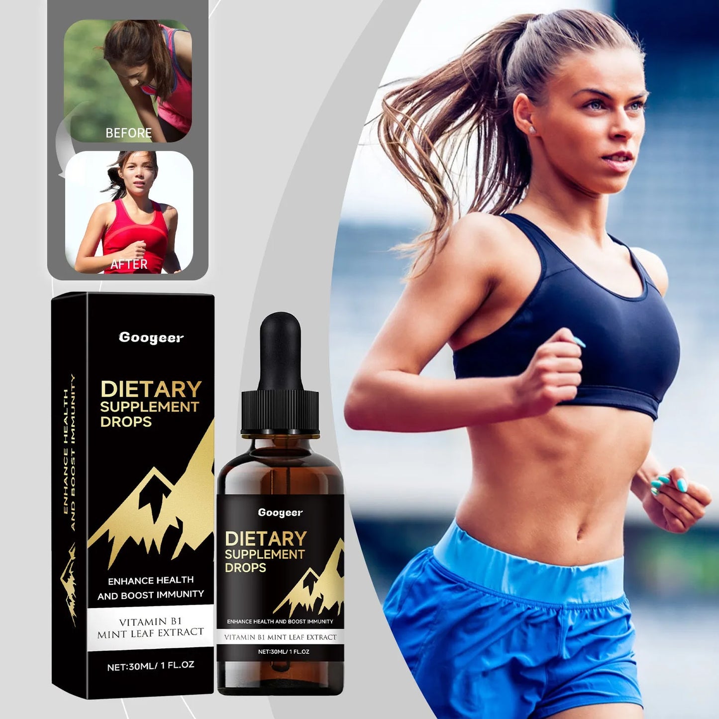 Liquid dietary supplement drops bottle with measurement dropper for precise dosage control