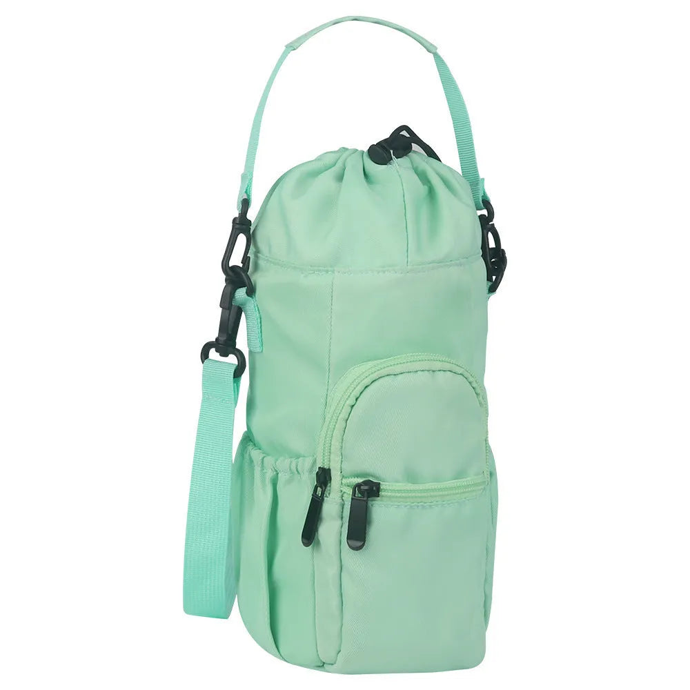 Black cloth crossbody water bottle pouch bag holding a reusable flask.