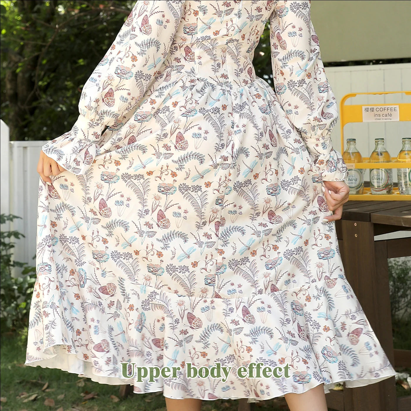 Elegant women's square neck printed long sleeve dress in floral design