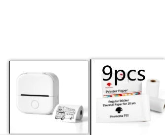 Compact Bluetooth-enabled thermal label printer in white, pink, and green colors with various label options