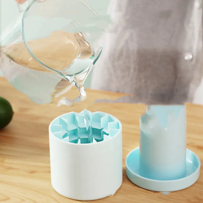 Blue-green silicone ice bucket mould with lid showing 9cm diameter and 8cm height dimensions