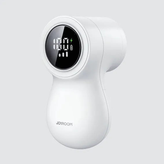 White electric lint remover with digital display showing six stainless steel blades and USB charging port