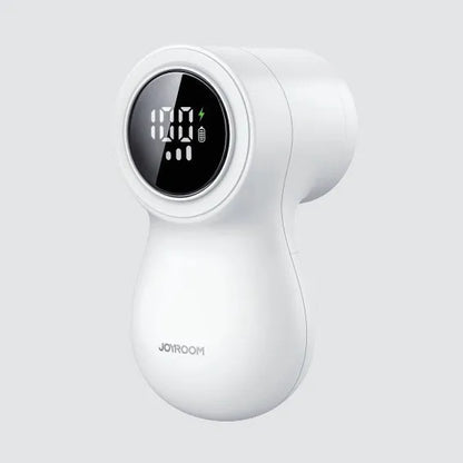 White electric lint remover with digital display showing six stainless steel blades and USB charging port