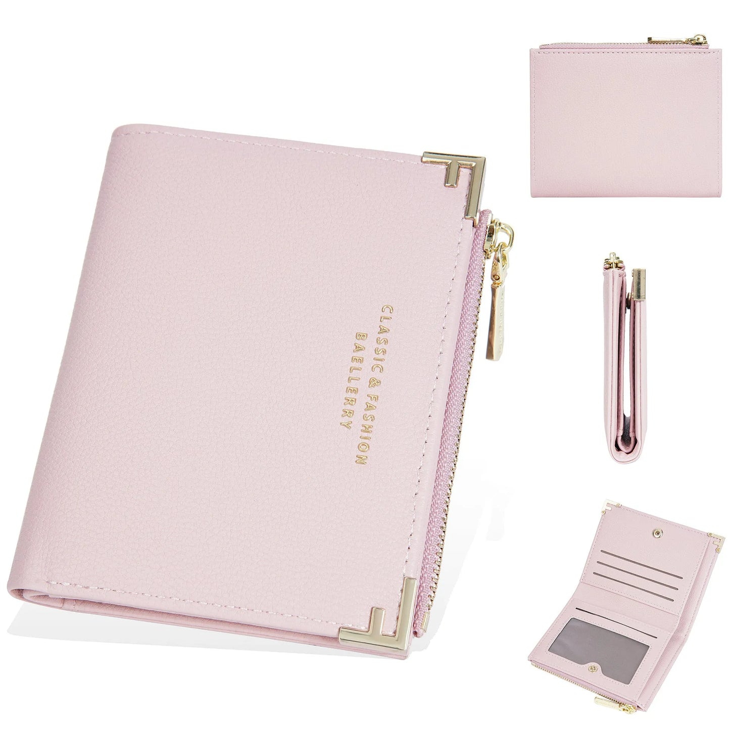 Compact women's wallet showing card slots and zipper coin purse in PU leather