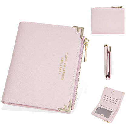 Compact women's wallet showing card slots and zipper coin purse in PU leather