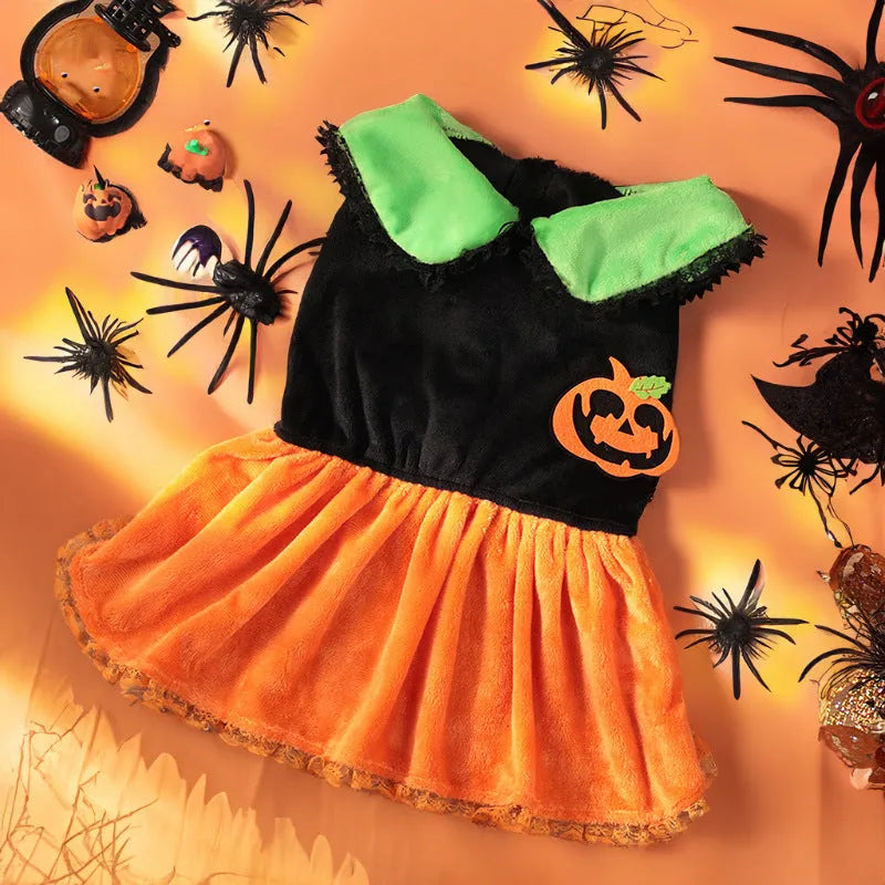 Orange Halloween pumpkin skirt costume and matching sweater for a small dog on a mannequin.