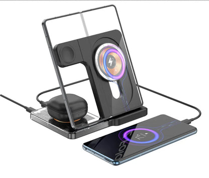 Black foldable three-in-one magnetic wireless charging stand for phone watch and AirPods on desk