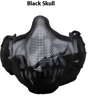 Carbon steel net protective face mask in camouflage pattern for outdoor field use.