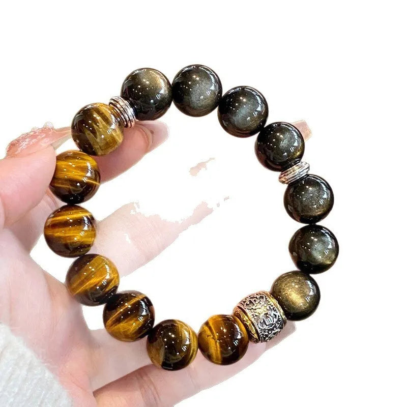 Women's Tigereye silver stone double bracelet with gold inlay and symbolic patterns