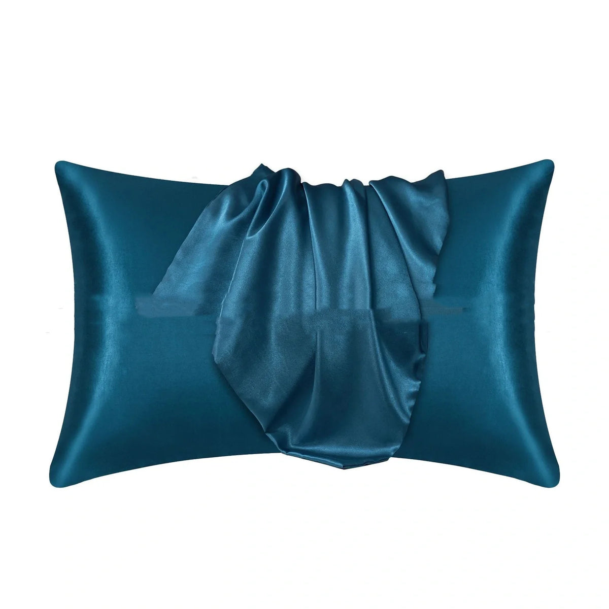 Envelope closure pillowcase in navy blue showing overlapping flap design and smooth polyester fabric texture