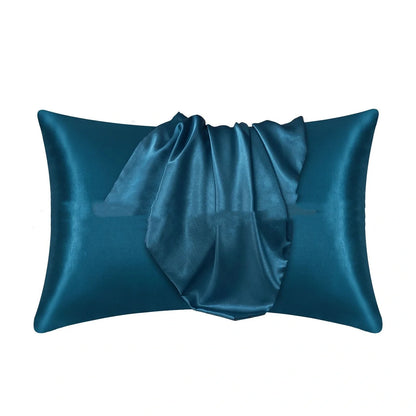 Envelope closure pillowcase in navy blue showing overlapping flap design and smooth polyester fabric texture