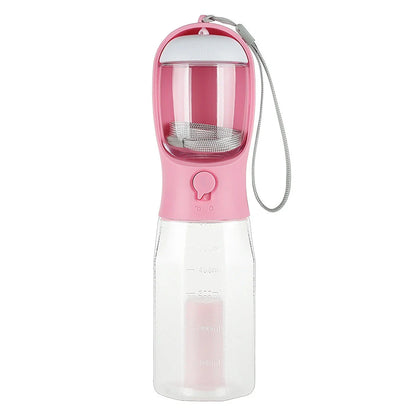 Multifunctional pet water bottle with built-in poop bag dispenser, available in turquoise, pink, and white colors
