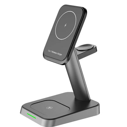 Black cube-shaped wireless charging station for phone and watch with integrated 10000mAh battery.