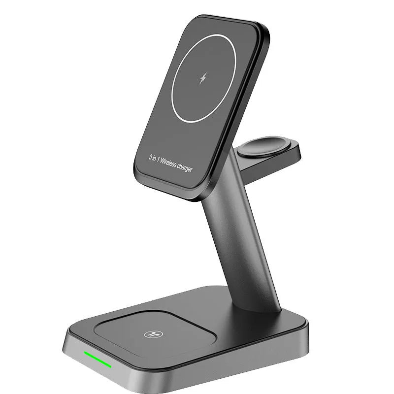 Mobile phone vertical wireless charger with integrated smartwatch and earbuds charging, offering 15W fast charging and a 10000mAh battery in a minimalist black design.
