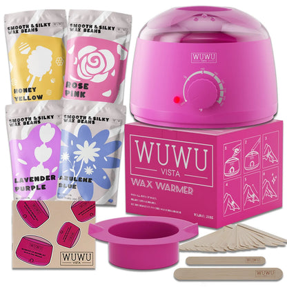 27-piece hypoallergenic wax kit showing 4-colour wax beads, face and body sticks, wax machine, and multilingual guidebook