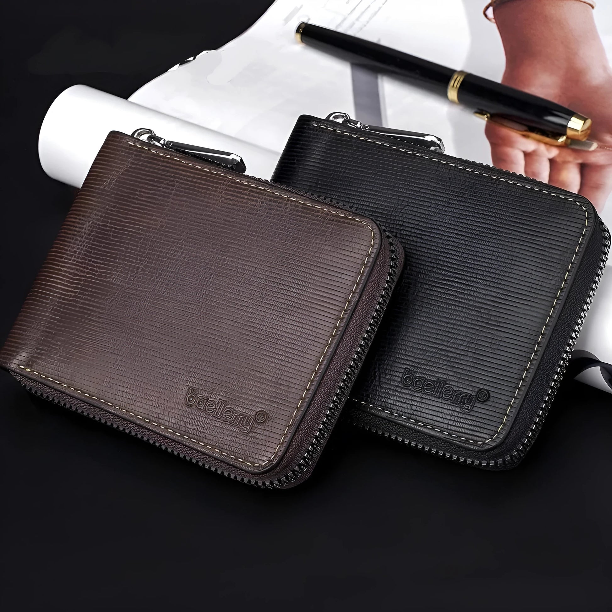 Black leather credit card wallet with anti-theft zipper closure showing embossed pattern and interior organisation