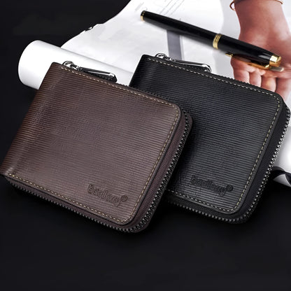 Black leather credit card wallet with anti-theft zipper closure showing embossed pattern and interior organisation