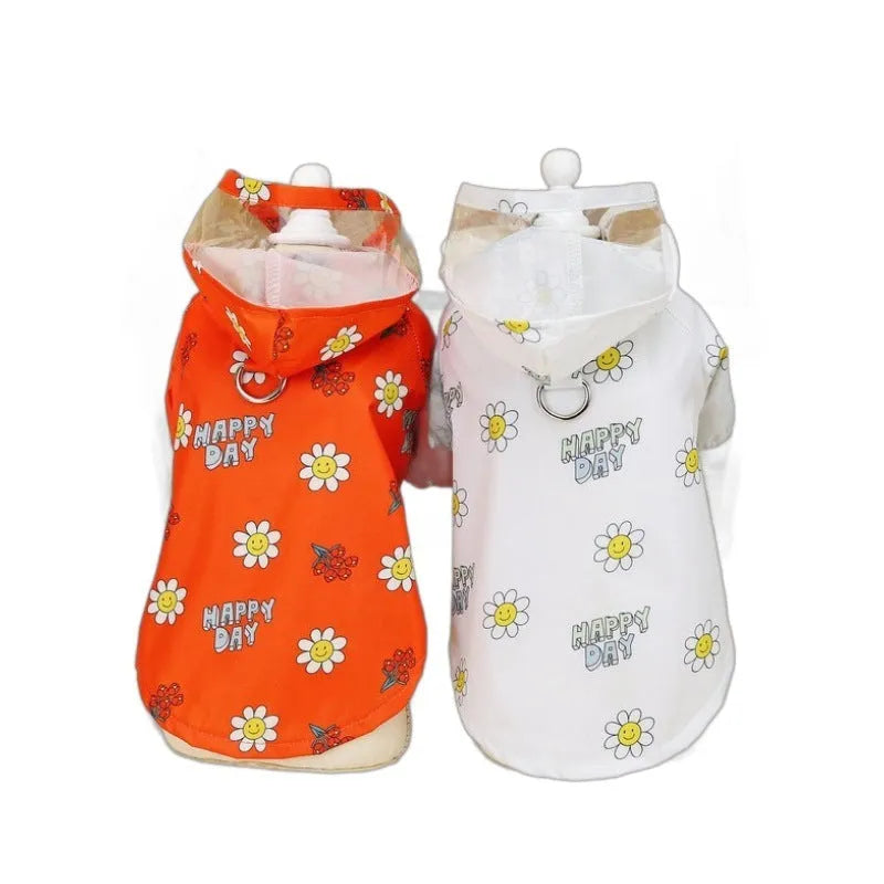 Transparent dog raincoat with small flower pattern and pull ring traction system