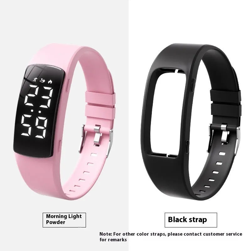 Smart electronic watch with vibration alarm on a silicone strap, showing LED display and 11mm thick case.
