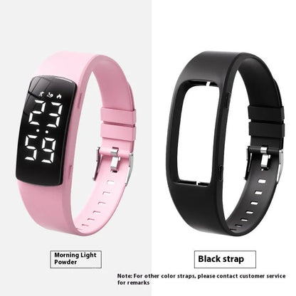 Smart electronic watch with vibration alarm on a silicone strap, showing LED display and 11mm thick case.