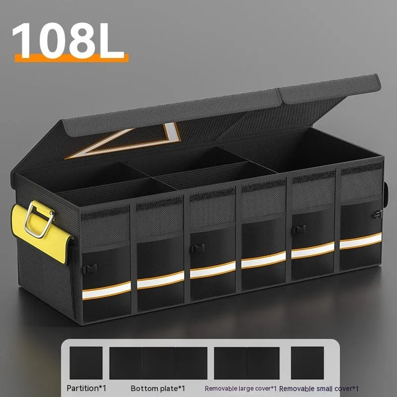 Black and yellow foldable car trunk storage bag with carrying handle in three size options.