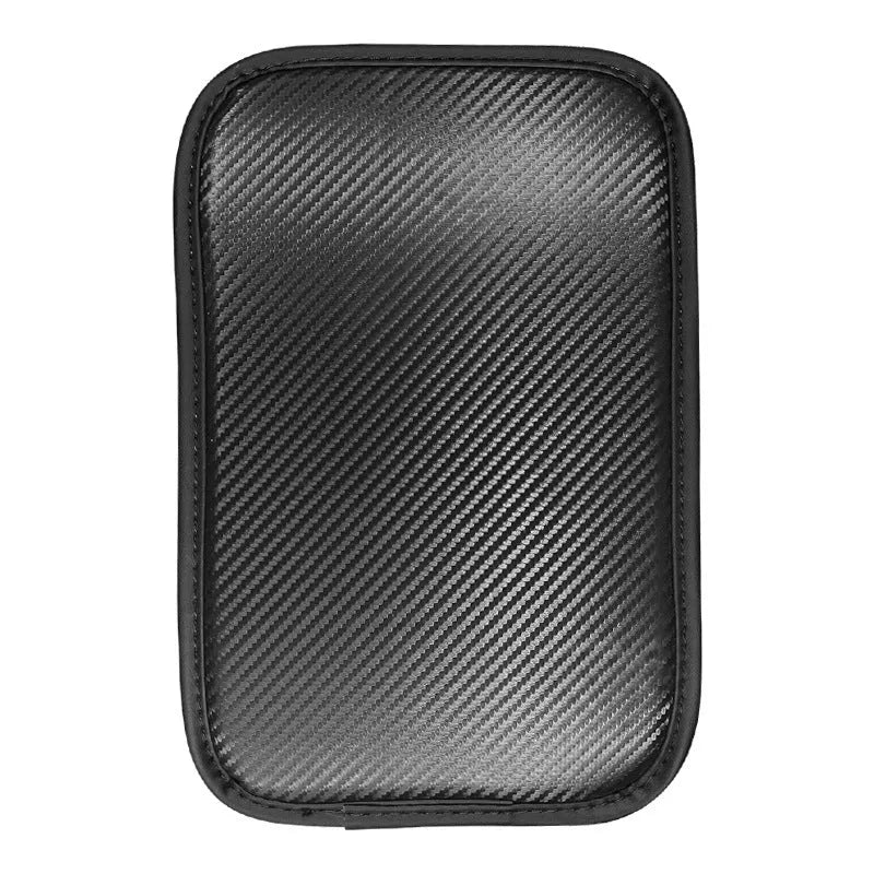 Leather automotive armrest box mat for car centre console protection.