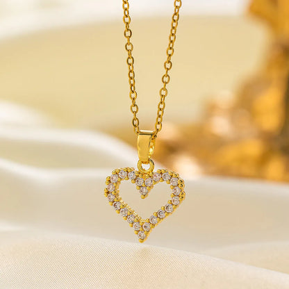 Titanium steel necklace for women with copper pendant, O-ring chain, gold or steel colour, heart or crescent moon design