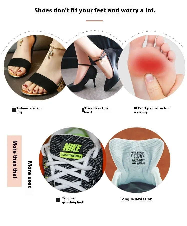 White thin felt anti-wear shoe tongue stickers showing front pad design for friction prevention